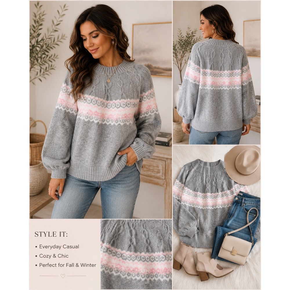 Crown & Ivy XXL Grey Pink Fair Isle Pearl Cable Knit Balloon Sleeve Sweater